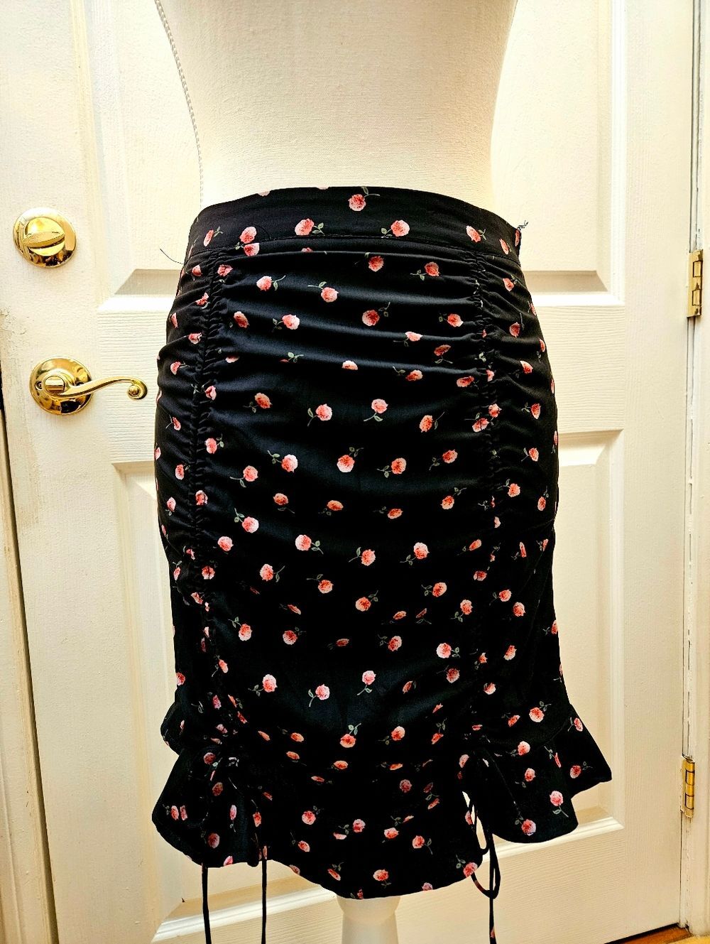 For Love and Lemons Romantic Coquette Bodycon Ruched Black Floral Roses Skirt